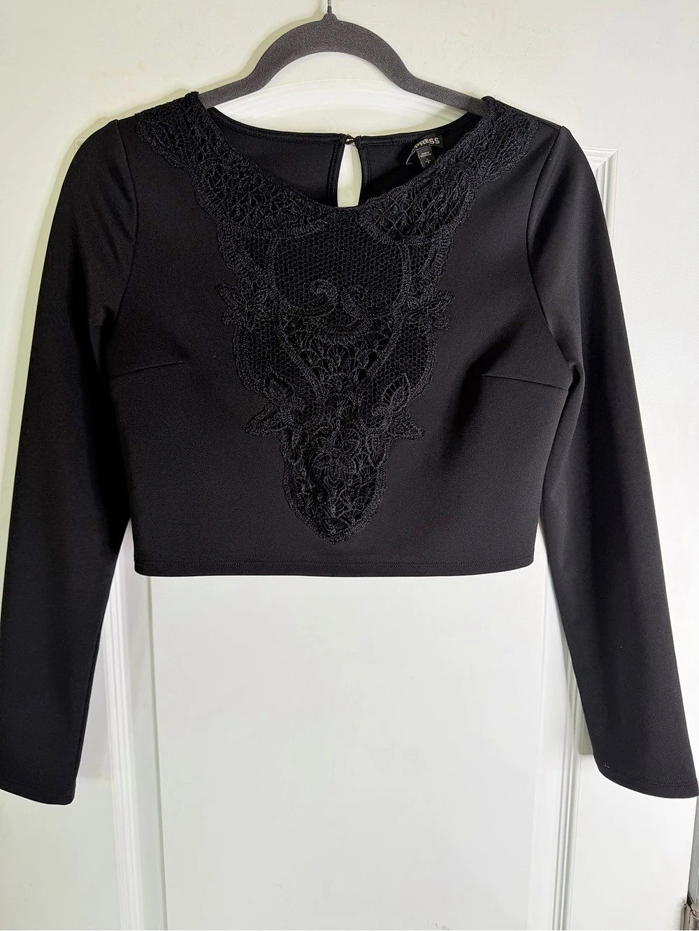 Express Long Sleeve W/ Lace Yoke Cropped Top Black Small